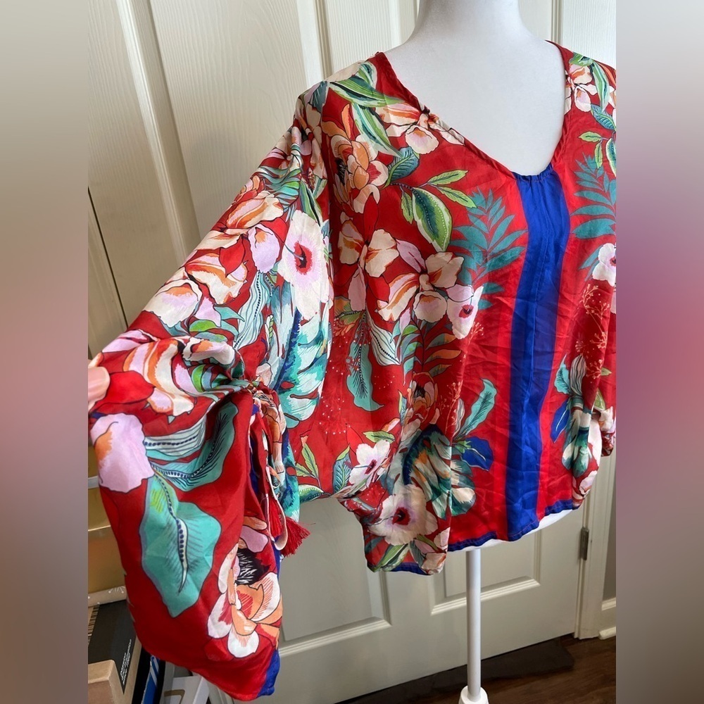 Johnny Was Evy Silk Floral V-Neck Blouse - Red and Blue - Picture 3 of 10